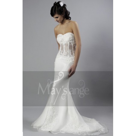 Lace wedding dress Paris with long train and transparent bustier