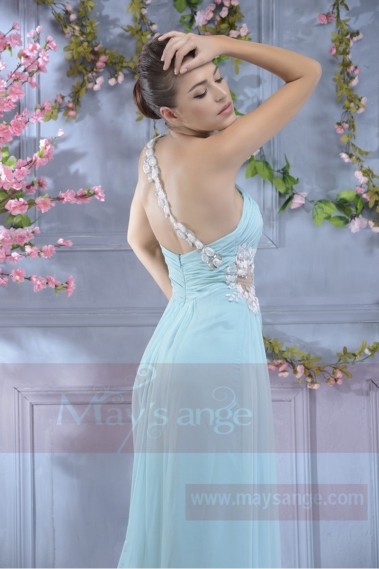 Long Cocktail Dress Light Blue Color With Single Floral Strap - L673 #1