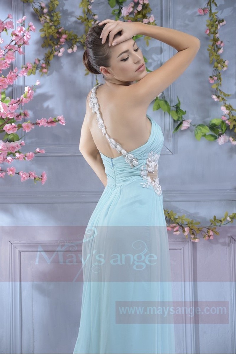 Long Cocktail Dress Light Blue Color With Single Floral Strap - Ref L673 - 01