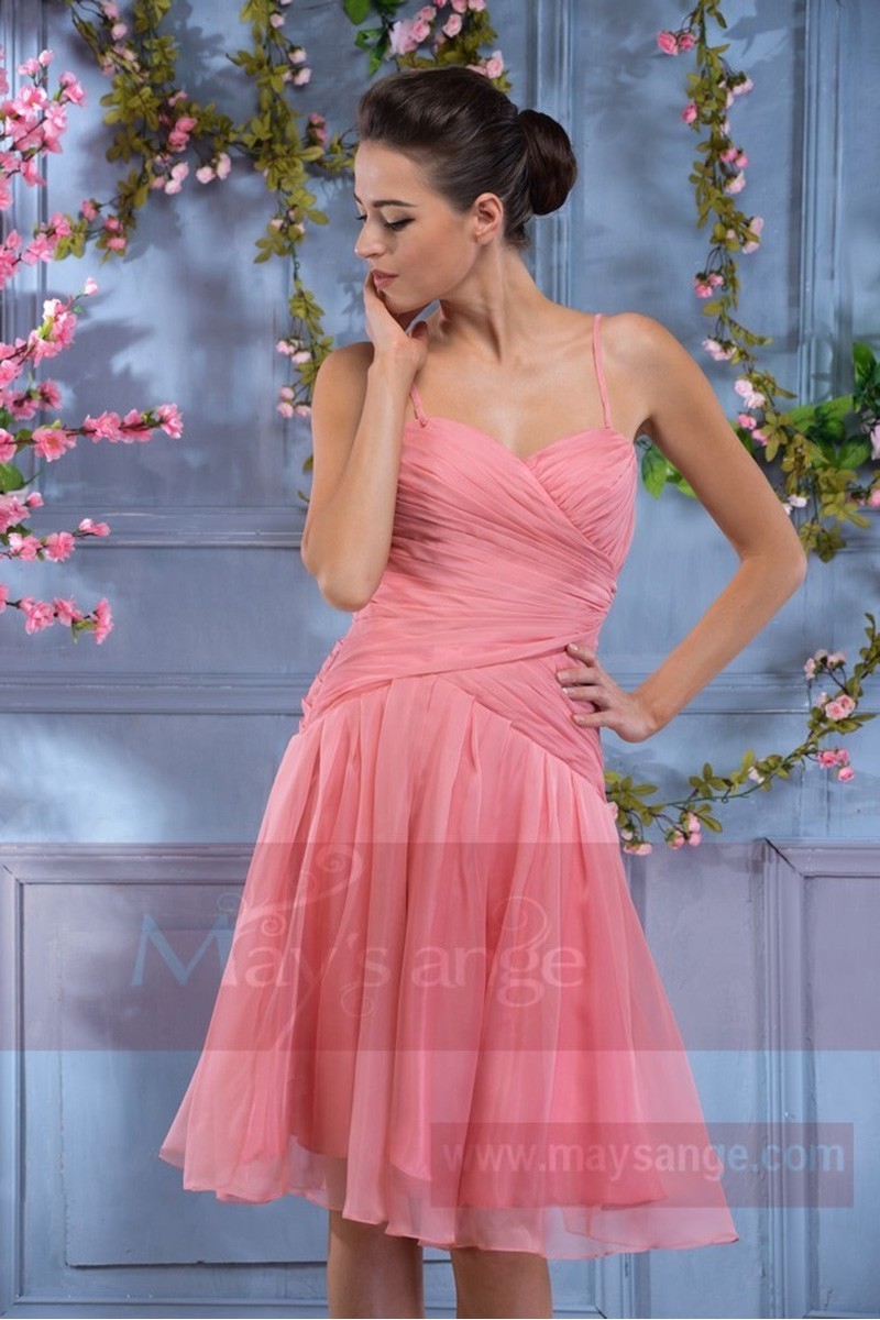 Robe du soir courte rose mousseline avec bretelles fines - Ref C698 - 01