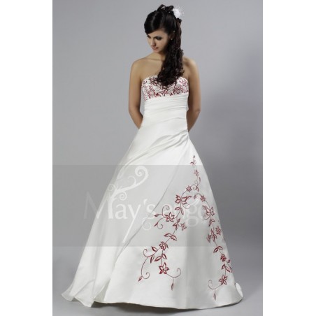 A-Line Satin Wedding Dress With Red Embroidery