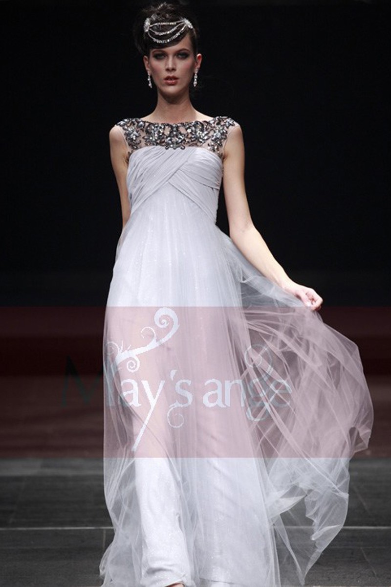 Longue robe de soirée couleur gris en tulle souple - Ref L101 - 01 Longue robe de soirée couleur gris en tulle souple - Ref L101 - 01