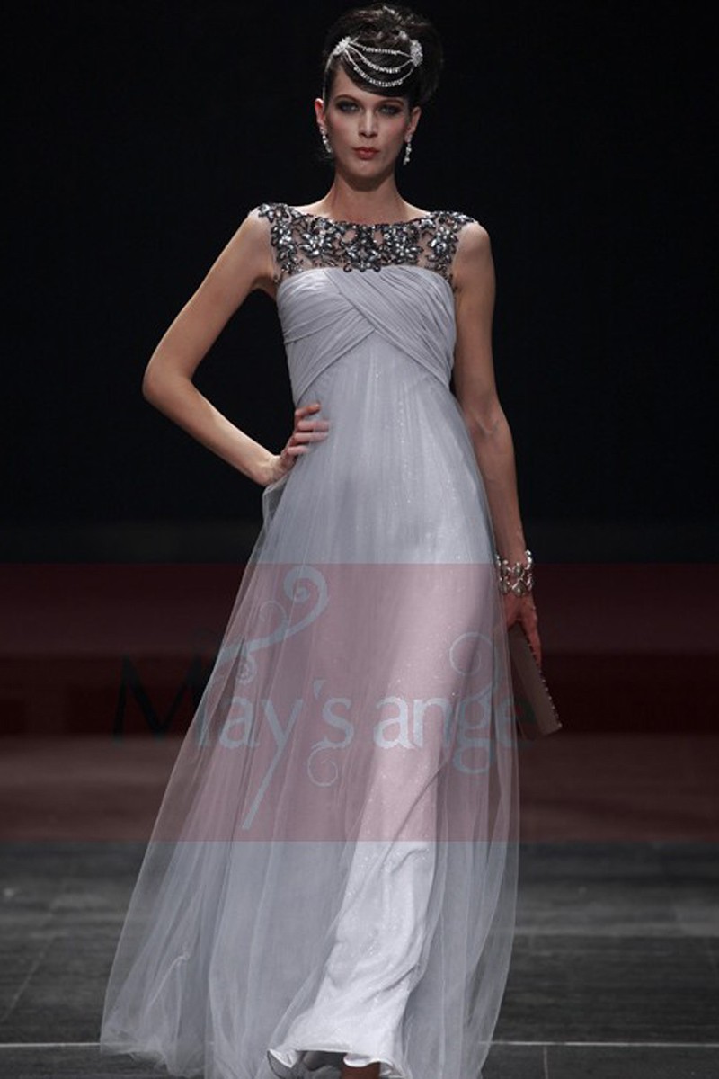 Longue robe de soirée couleur gris en tulle souple - Ref L101 - Robes ...