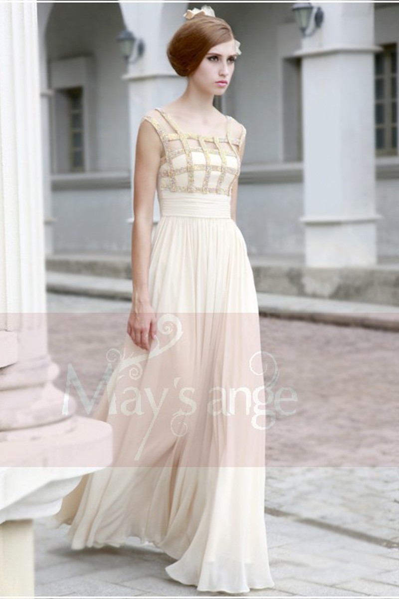 Elegant Ivory Long Evening Dress With Rhinestone Grid - Ref L107 - 01