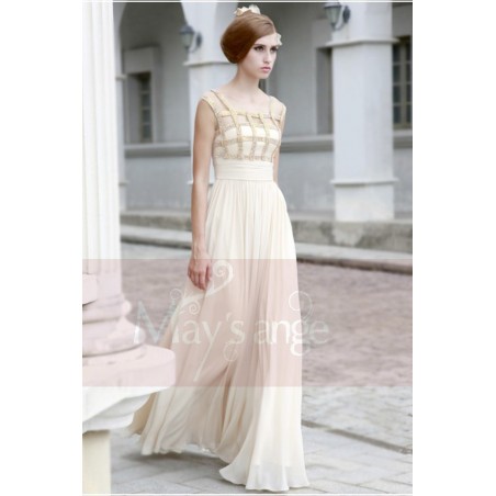 Elegant Ivory Long Evening Dress With Rhinestone Grid