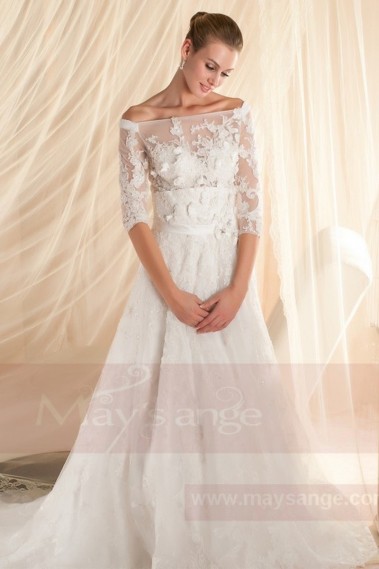 robe de mariage avec manches dentelle et fleures - M346 #1