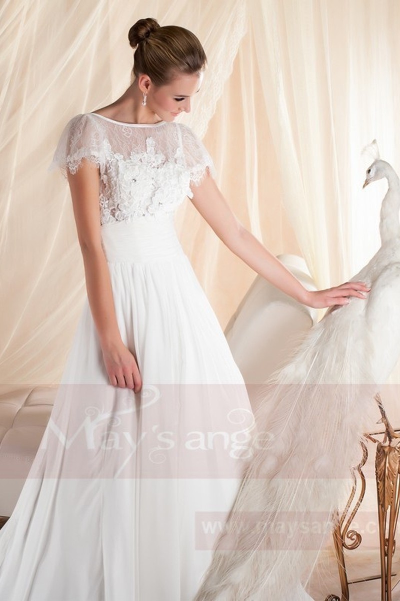 robe de mariée dentelle manche courte style deesse grecque mousseline - Ref M351 - 01