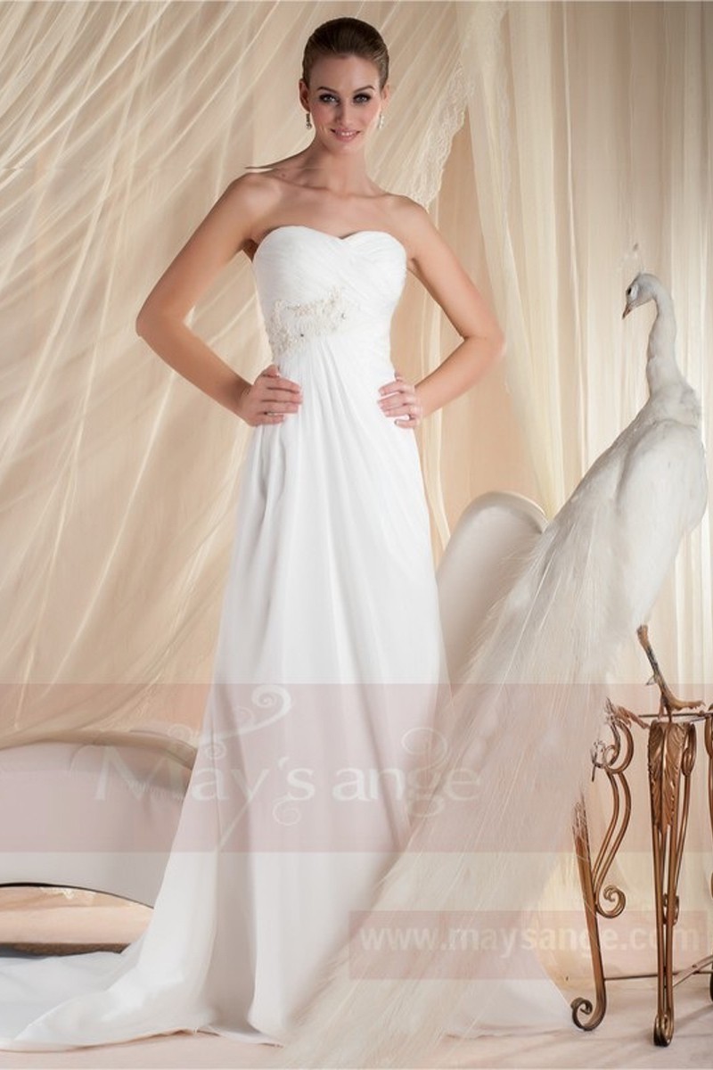 A-Line Strapless Court Train Chiffon Wedding Dress With Pearls - Ref M356 - 01