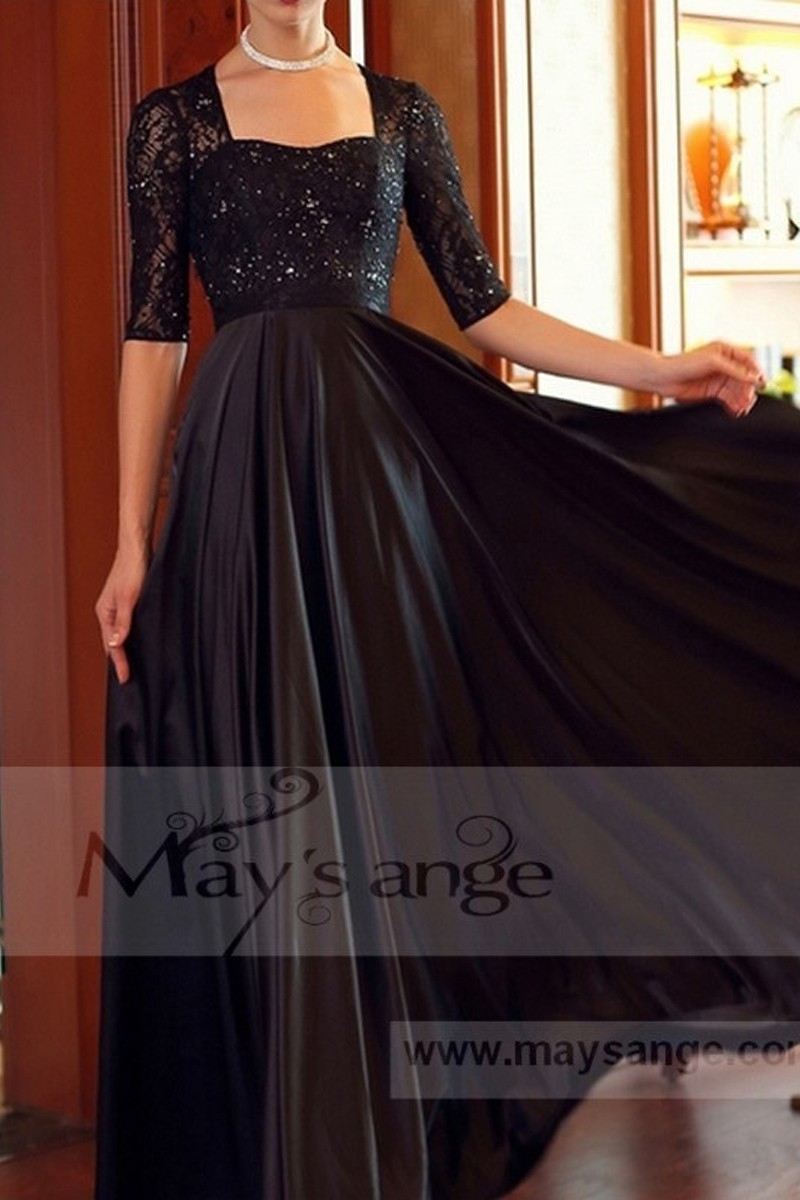 Long Sleeve Black Satin Formal Dresses With Shiny Lace Top - Ref L694 - 01