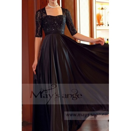 Long Sleeve Black Satin Formal Dresses With Shiny Lace Top