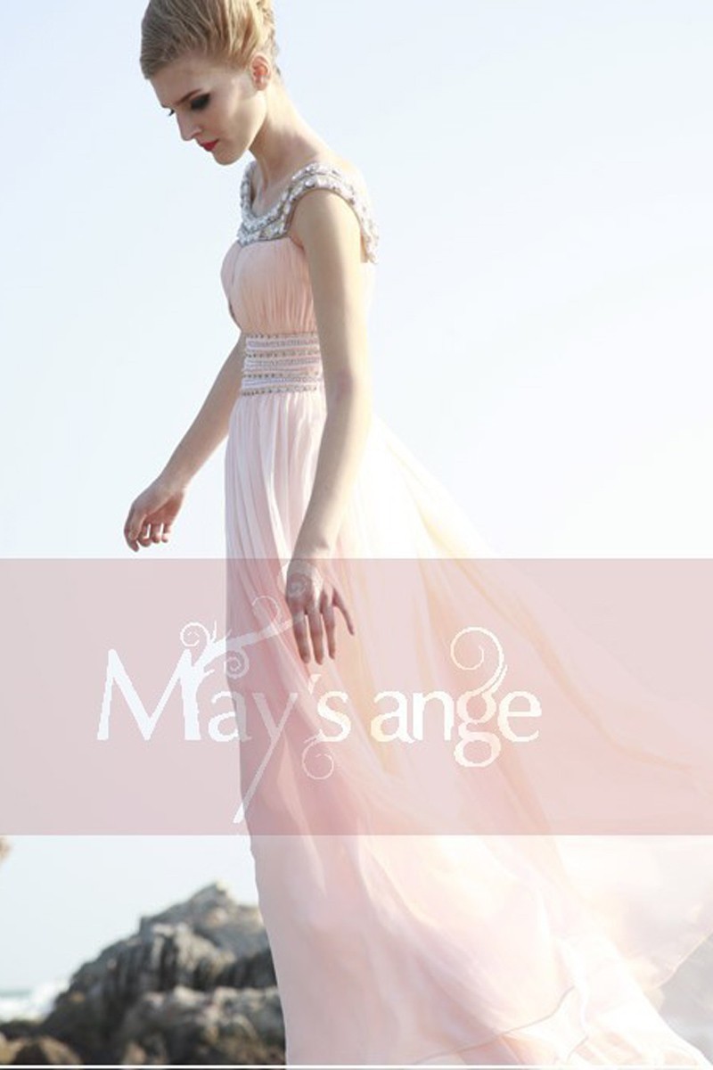 Robe longue Perle rose pale de soirée en mousseline - Ref L117 - 01