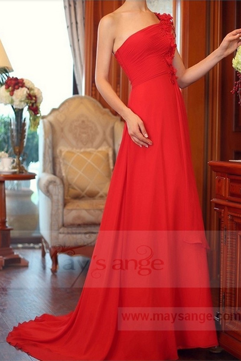 robe bustier habillée rouge feu en mousseline bretelle asymétrique - Ref L713 - 01