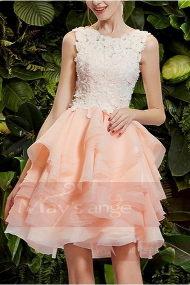 robe de bal rose courte en dentelles - C749 #1