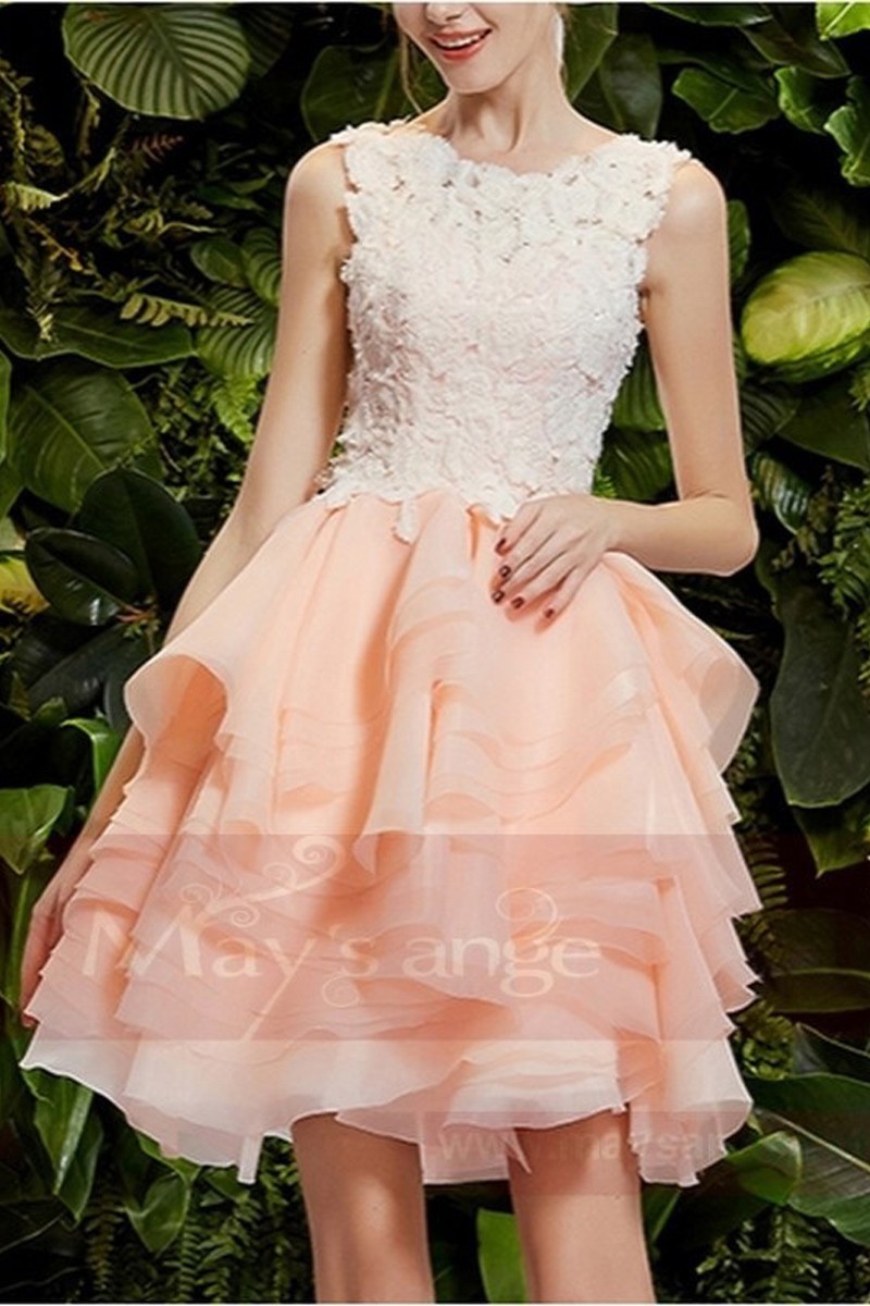 robe de bal rose courte en dentelles - Ref C749 - 01