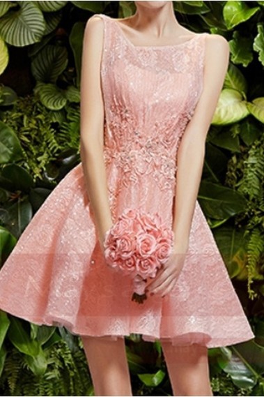 Open Back Short Pink Lace Bridesmaid Dress - C751 #1