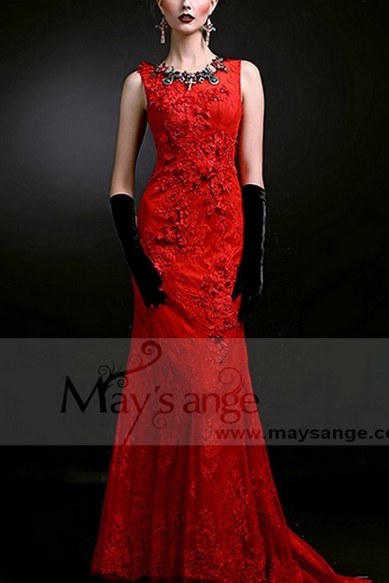 MERMAID RED CLASSIC PROM DRESS EMBROIDERED LACE FABRIC WITH TRAIN - Ref L735 - 01