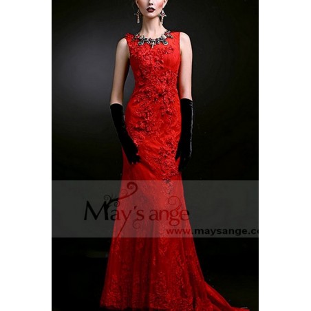 MERMAID RED CLASSIC PROM DRESS EMBROIDERED LACE FABRIC WITH TRAIN