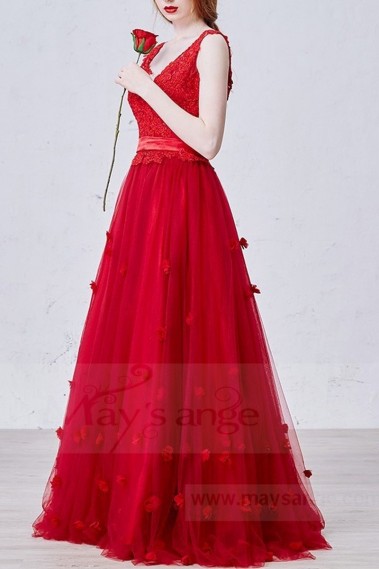 robe demoiselle d'honneur rouge feu fleurs - L719 #1