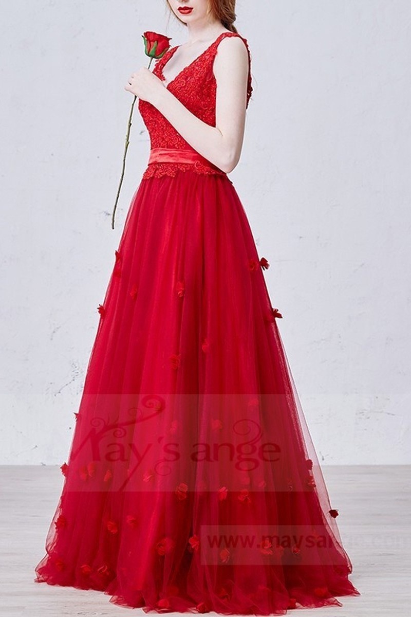 robe demoiselle d'honneur rouge feu fleurs - Ref L719 - 01