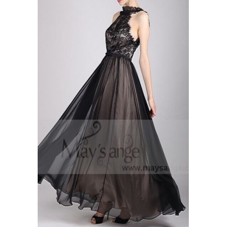 LONG BLACK EVENING DRESS SLEEVELESS LACE BODICE