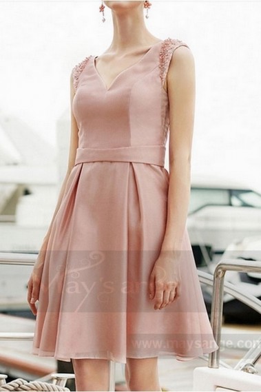 Short pink bridesmaid dress V neckline and beaded straps - C759 #1