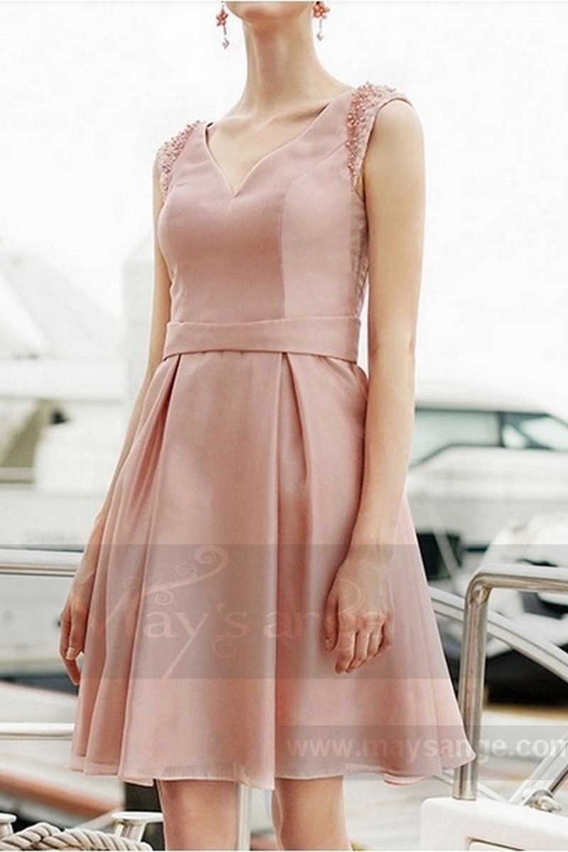 Short pink bridesmaid dress V neckline and beaded straps - Ref C759 - 01