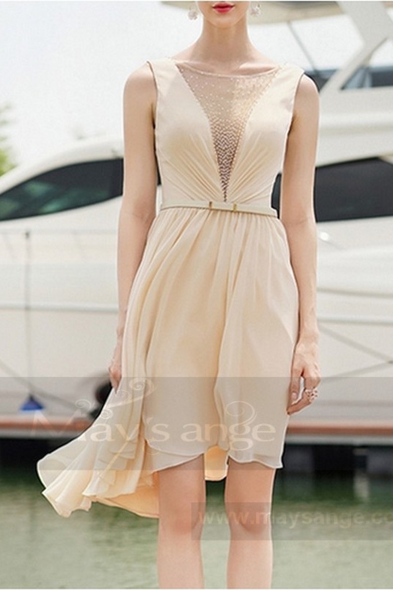 SHORT SLEEVELESS COCKTAIL DRESS DOUBLE V NECKLINE AND ASYMETRIC SKIRT - Ref C760 - 01