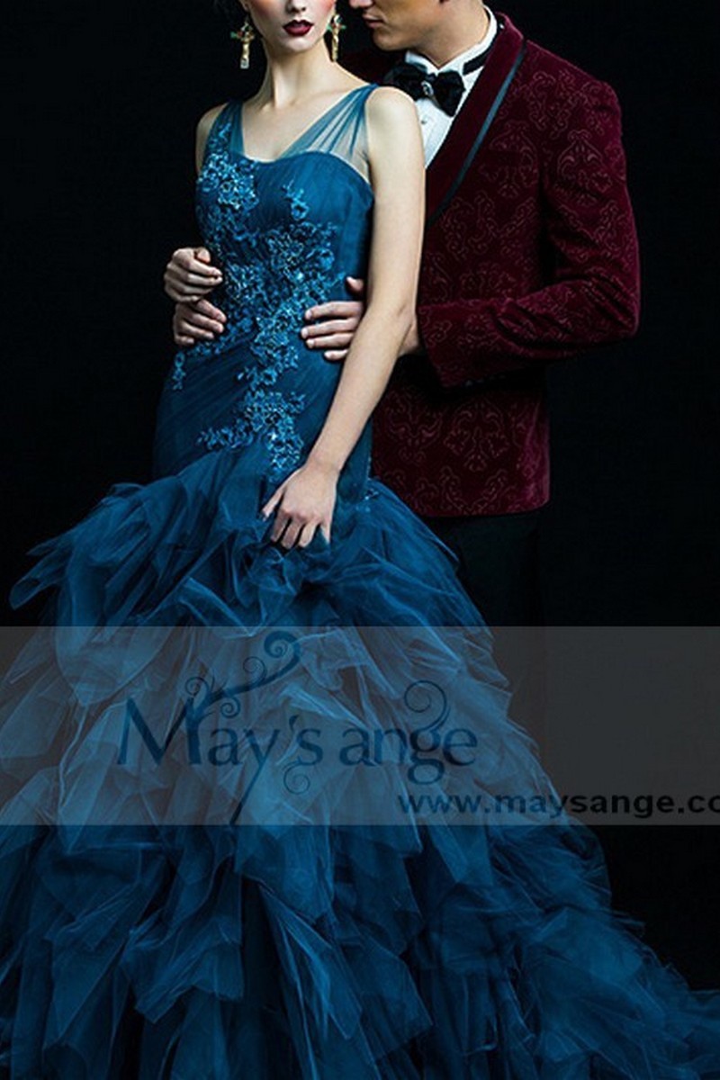 Robe de soirée cocktail sirène bleu - Ref P085 - 01 Robe de soirée cocktail sirène bleu - Ref P085 - 01