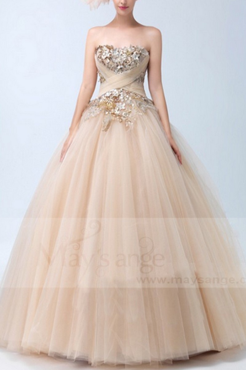 robe ceremonie fille bustier style princesse champagne - Ref P081 - 01 robe ceremonie fille bustier style princesse champagne - Ref P081 - 01