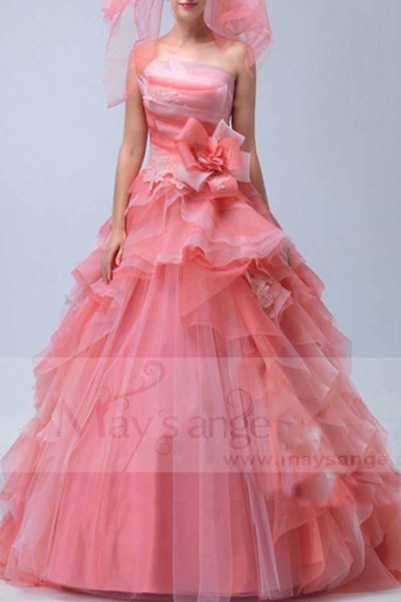 Robe de bal pastèque rouge bustier avec grande fleur - Ref P080 - 01 Robe de bal pastèque rouge bustier avec grande fleur - Ref P080 - 01