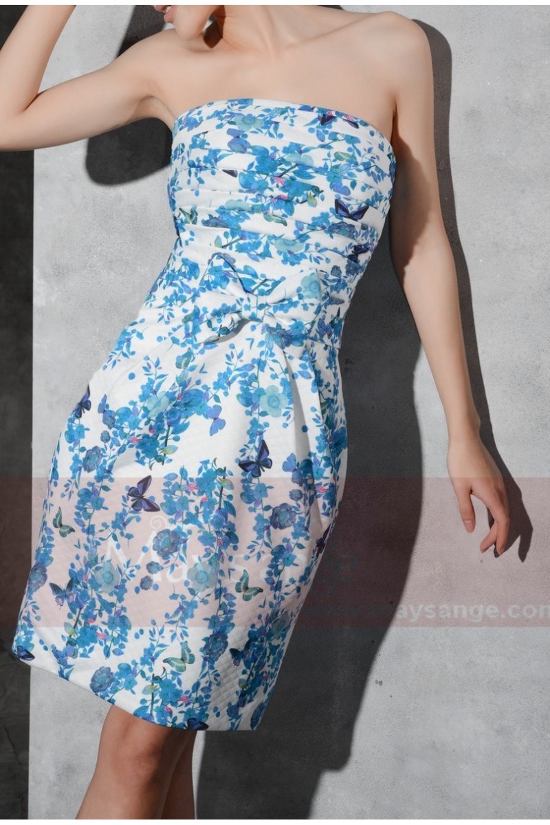  Floral  Print Blue  Wedding  Guest  Short Party Dress 