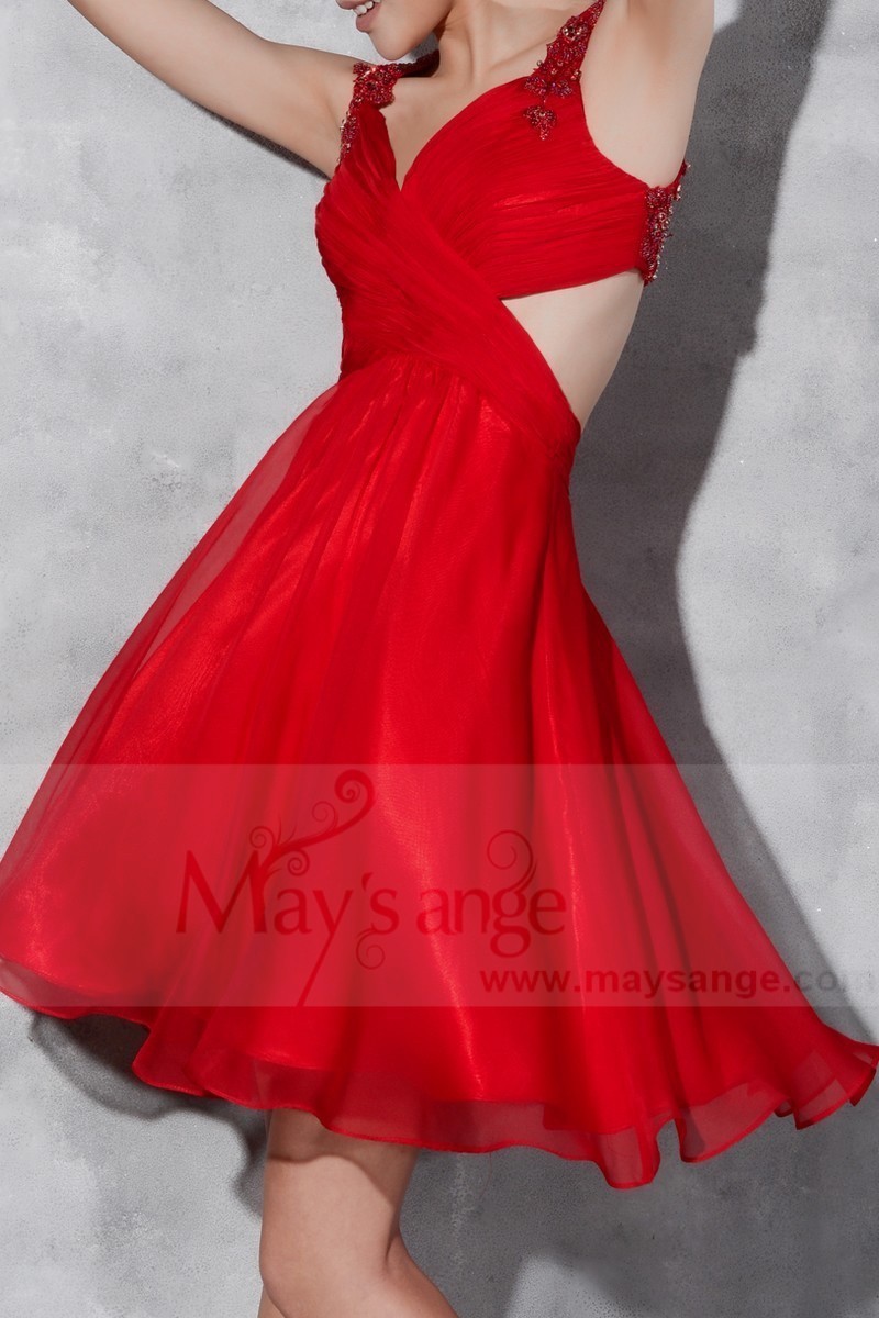 Short Open-Back Red Cocktail Dress With Imbroidered Straps - Ref C803 - 01