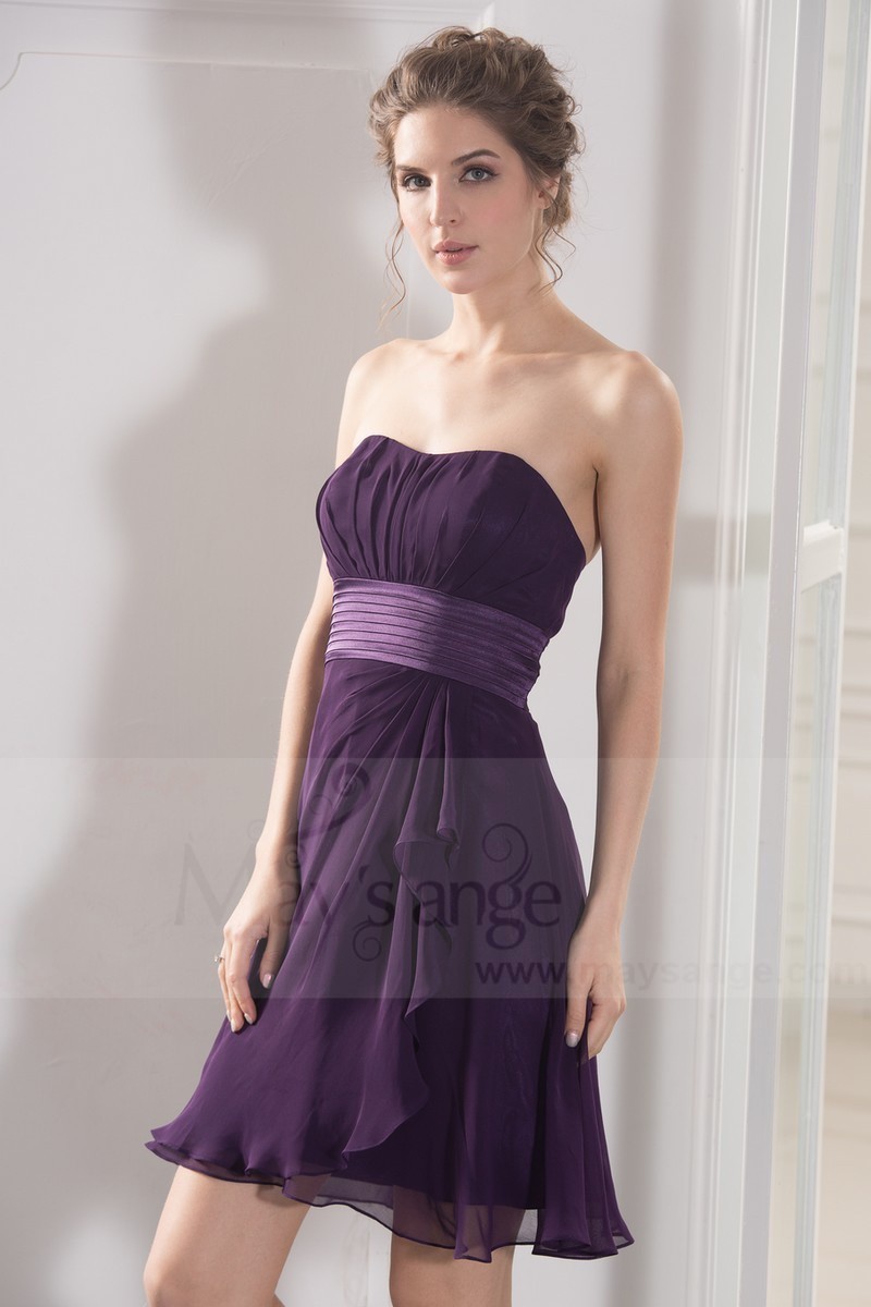 robe de cocktail violet mousseline ceinture satin - Ref C780 - 01