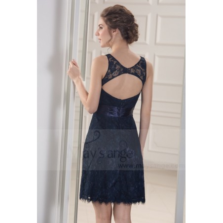Backless Navy Blue Short Sleeveless Lace Cocktail Dress