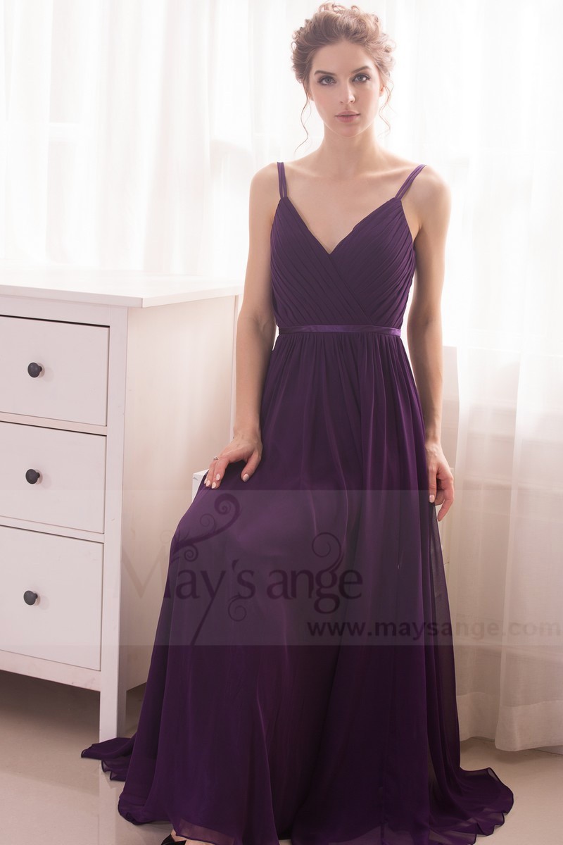 robe de soiree long violet ceinture fine satin - Ref L746 - 01