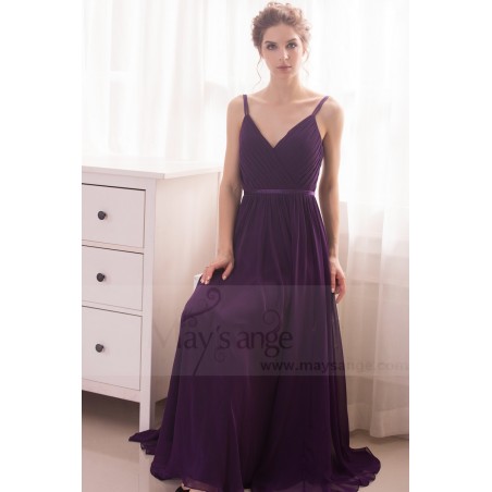 robe de soiree long violet ceinture fine satin