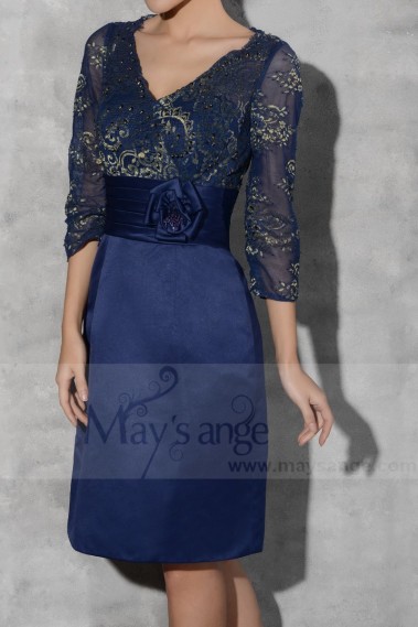 robe courte en satin coupe droit haut en dentelle bleu et dore - C793 #1