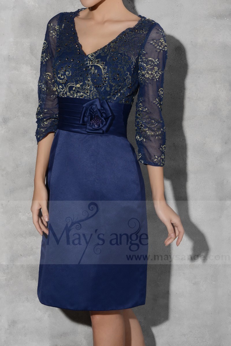 robe courte en satin coupe droit haut en dentelle bleu et dore - Ref C793 - 01