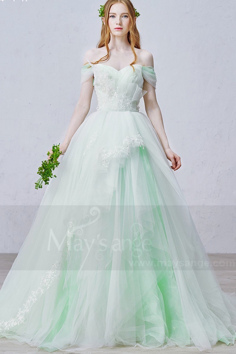 robe de ceremonie menthe avec manchette tombantes - Ref P087 - 01 robe de ceremonie menthe avec manchette tombantes - Ref P087 - 01