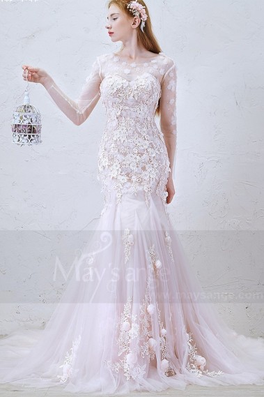 Mermaid Wedding Dress With Long Train And Sheer Long Sleeve - M366 #1