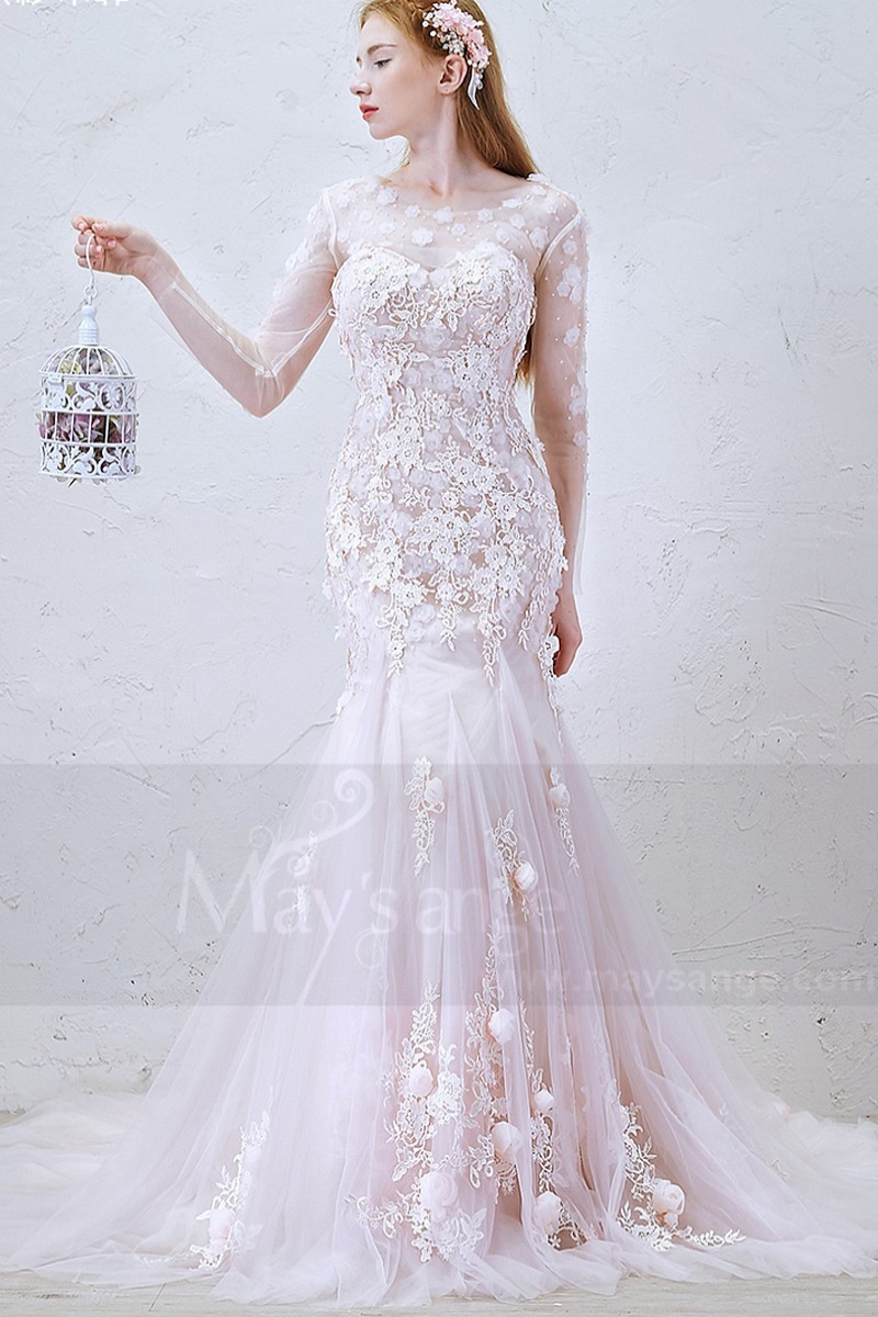 robe de mariée sirène manche longue lace majestueuse en dentelles et boules de neige - Ref M366 - 01