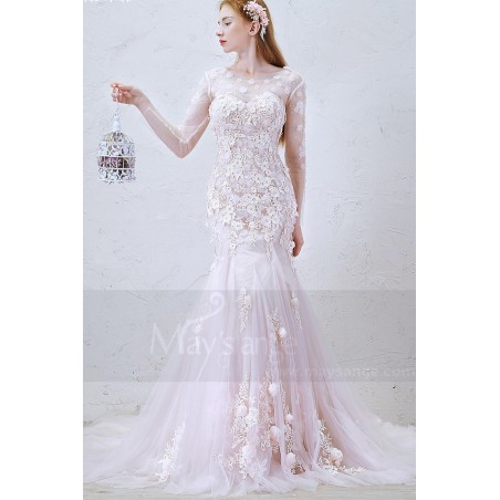 Mermaid Wedding Dress With Long Train And Sheer Long Sleeve