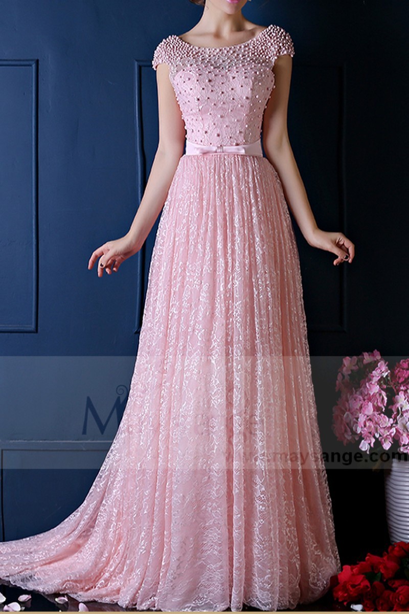 Stunning Lace Pink Bridesmaid Dresses With Beautiful Open Back And Sleeves - Ref L766 - 01