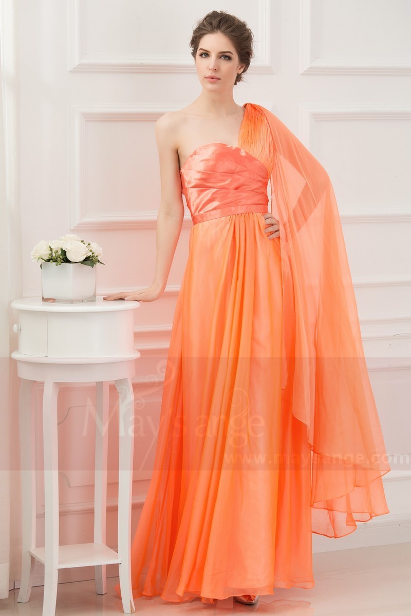 One Strap Long Orange Summer Dress With a Cascade Detail - Ref L111 - 01
