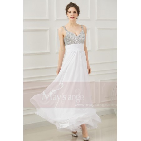 Robe de soirée longue en mousseline avec bustier argentée Manon blanche
