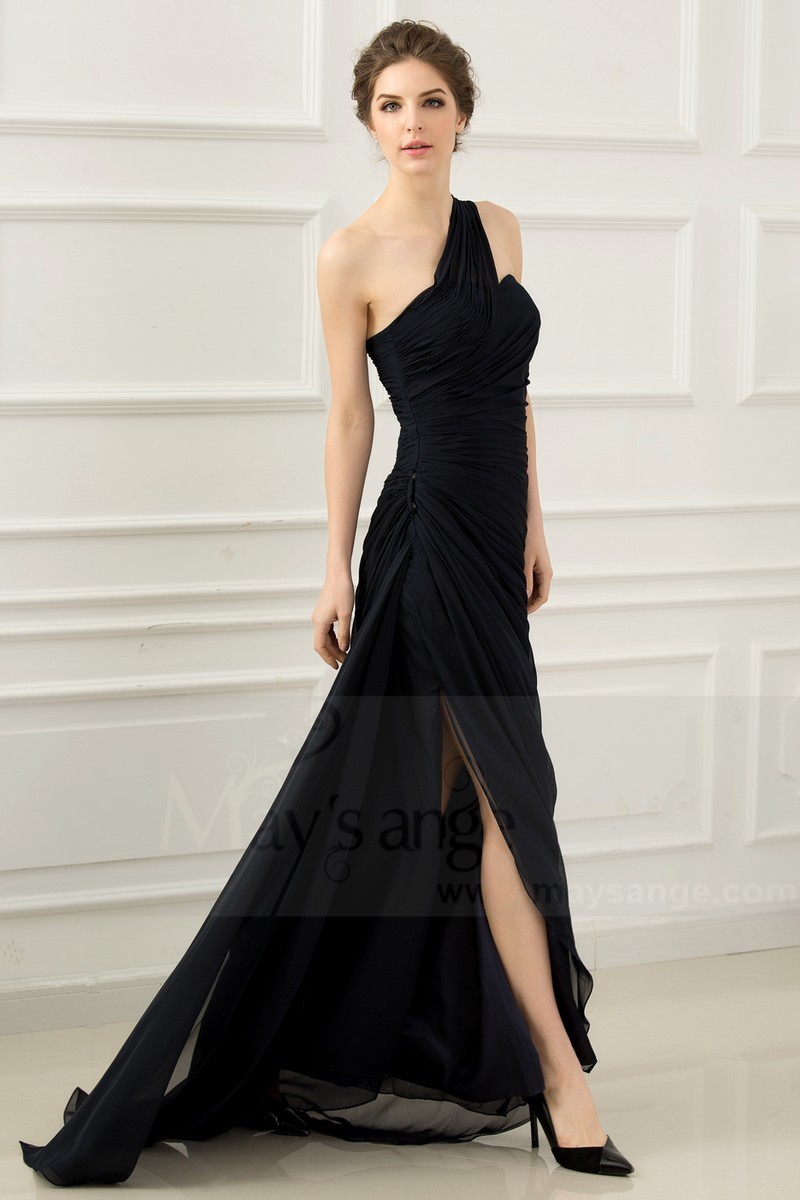 One Shoulder Long Black Blue Prom Dress With Slit - Ref L531 - 01