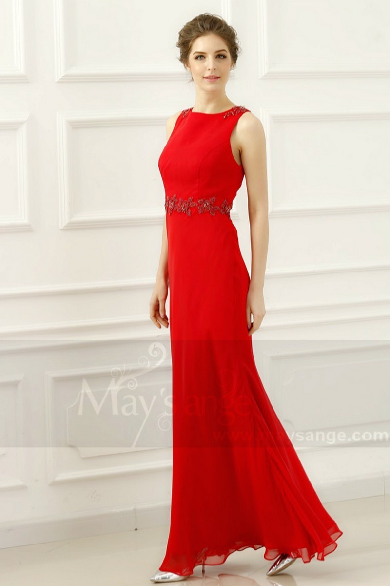 Belle robe de soirée rouge feu longue simple - Ref L755 - 01