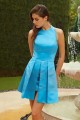 robe cocktail bleu ciel bretelle joliment croise au dos francoise - Ref C821 - 03