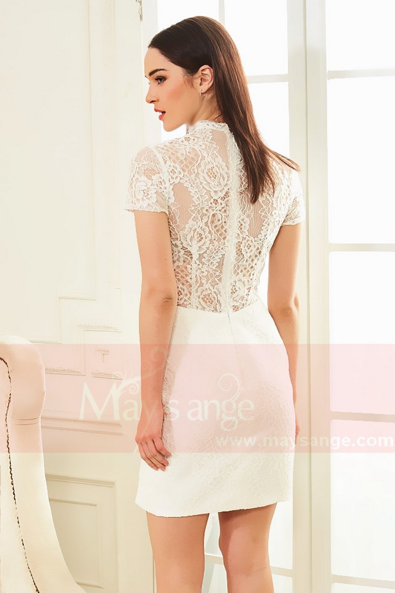 robe cocktail blanc col montant en dentelle Daisy - Ref C833 - 01 robe cocktail blanc col montant en dentelle Daisy - Ref C833 - 01