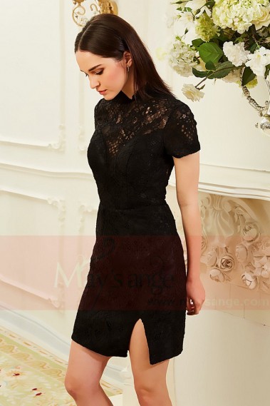 robe de cocktail noire en dentelle  col montant  belle  coupe ajuste - C841 #1